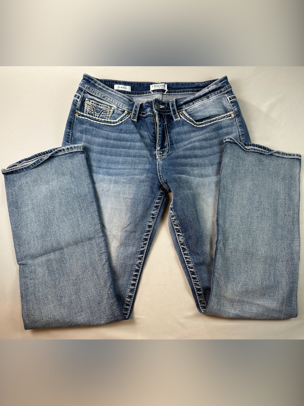 Vigoss Slim Boot Jeans Size 12 Light Blue Bootcut Embroidered Thick Stitch